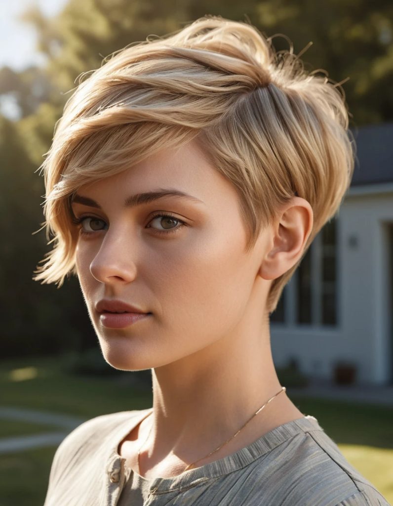 Frau mit modernem Pixie Cut und Undercut, blondes Haar, weich fallender Pony, eleganter Casual-Look