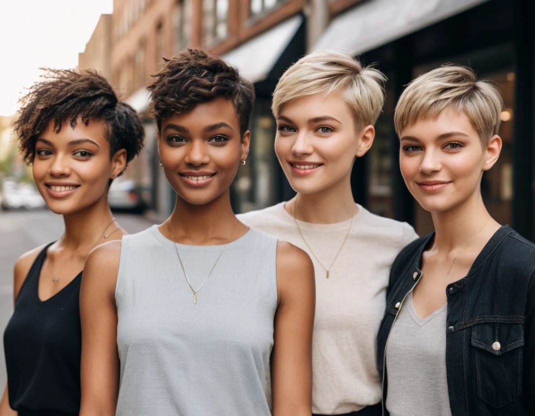 Drei Frauen mit unterschiedlichen Pixie Cut Undercut Frisuren, lächelnd, moderne Streetstyle Kleidung, urbaner Hintergrund