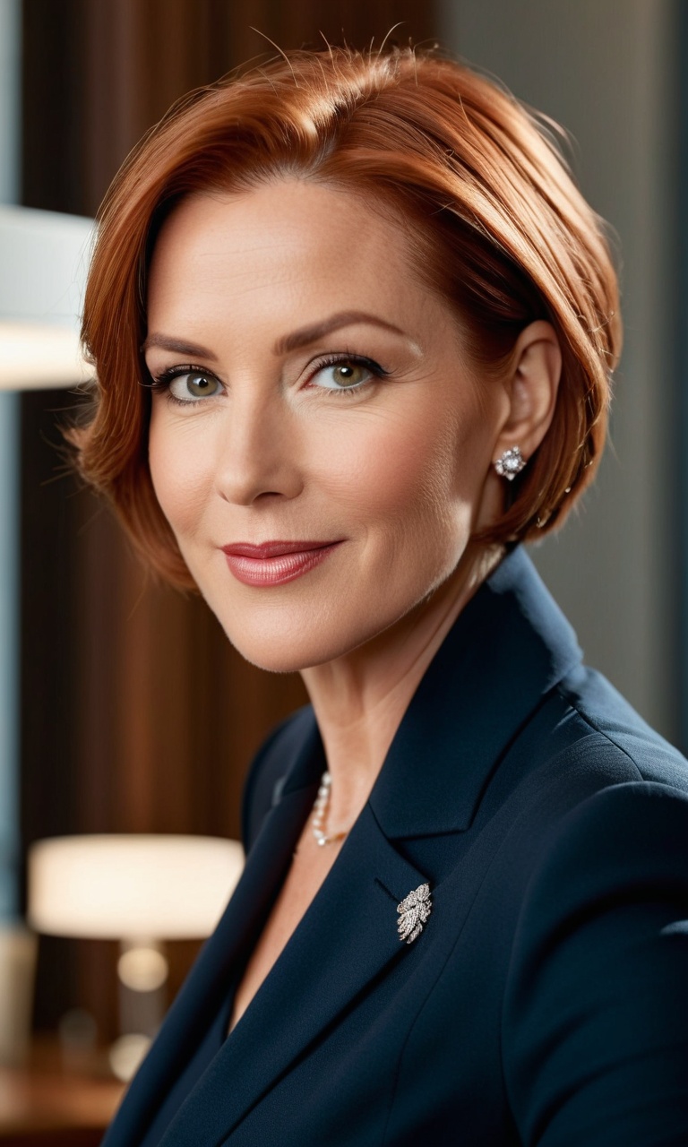 Eleganter Business-Kurzhaarschnitt in Kupferrot für berufstätige Frauen – moderner Bob mit klassischer Linie.