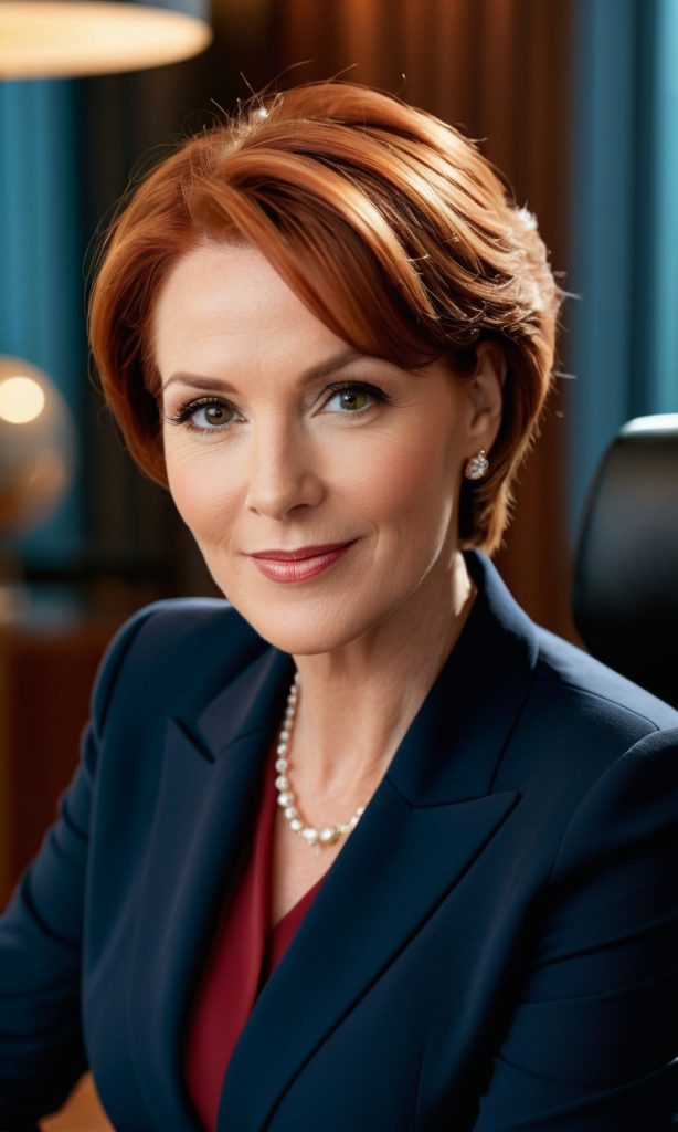 Eleganter Business-Kurzhaarschnitt in Kupferrot für berufstätige Frauen – moderner Bob mit klassischer Linie.