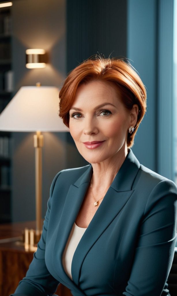 Eleganter Business-Kurzhaarschnitt in Kupferrot für berufstätige Frauen – moderner Bob mit klassischer Linie.