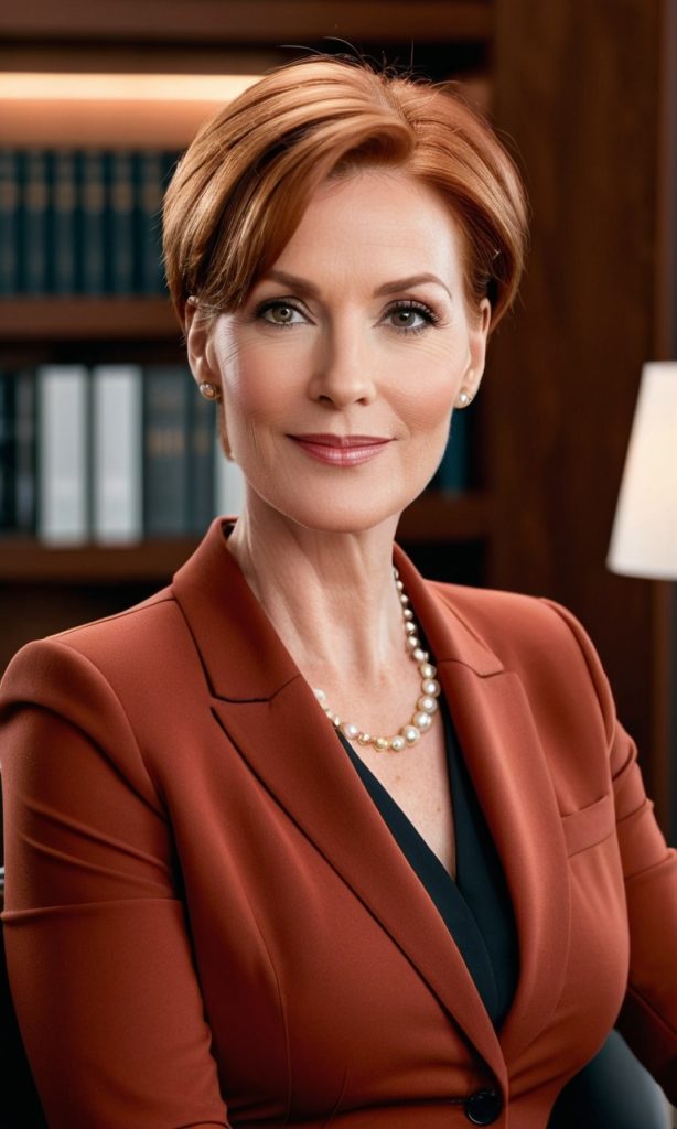 Eleganter Business-Kurzhaarschnitt in Kupferrot für berufstätige Frauen – moderner Bob mit klassischer Linie.