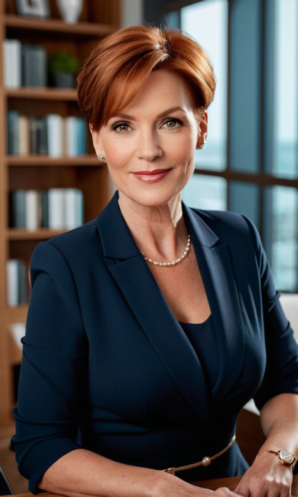 Eleganter Business-Kurzhaarschnitt in Kupferrot für berufstätige Frauen – moderner Bob mit klassischer Linie.