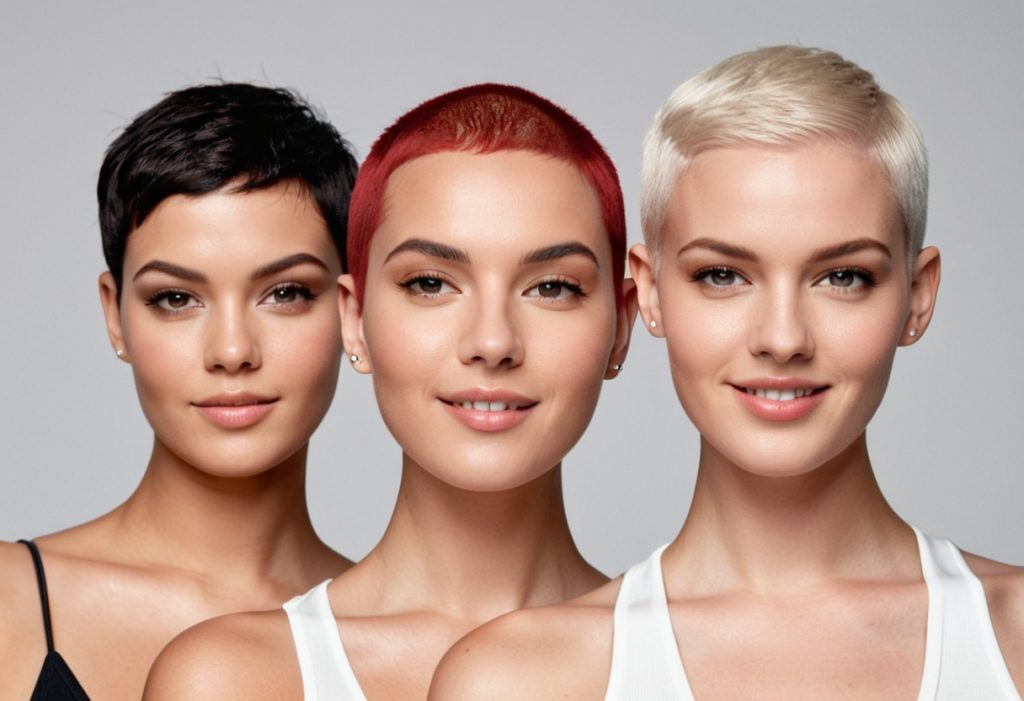 Drei moderne Frauen mit Buzz Cut Frisur – eine mit platinblondem, eine mit schwarzem und eine mit rotem Haar – stehen nebeneinander in einem hellen Studio. Ihre kurzen, gepflegten Haare betonen die natürliche Schönheit, Selbstbewusstsein und Vielfalt weiblicher Styles.