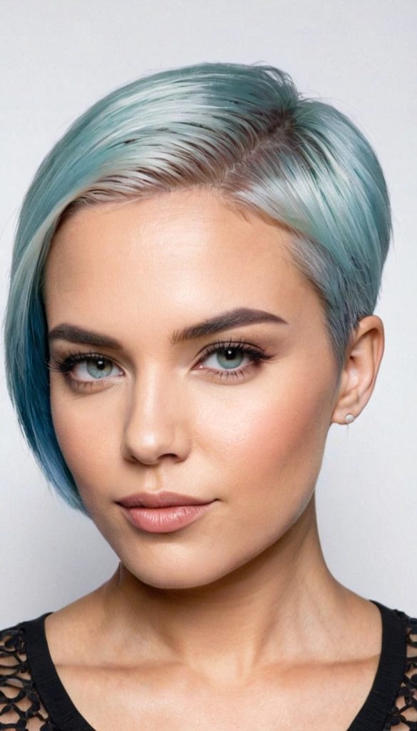 Feine, eisblaue Strähnen im platinblonden Haar sorgen für ein elegantes, kühles Farbspiel – subtil, aber wirkungsvoll.