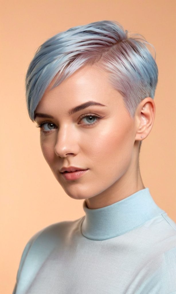 Feine, eisblaue Strähnen im platinblonden Haar sorgen für ein elegantes, kühles Farbspiel – subtil, aber wirkungsvoll.