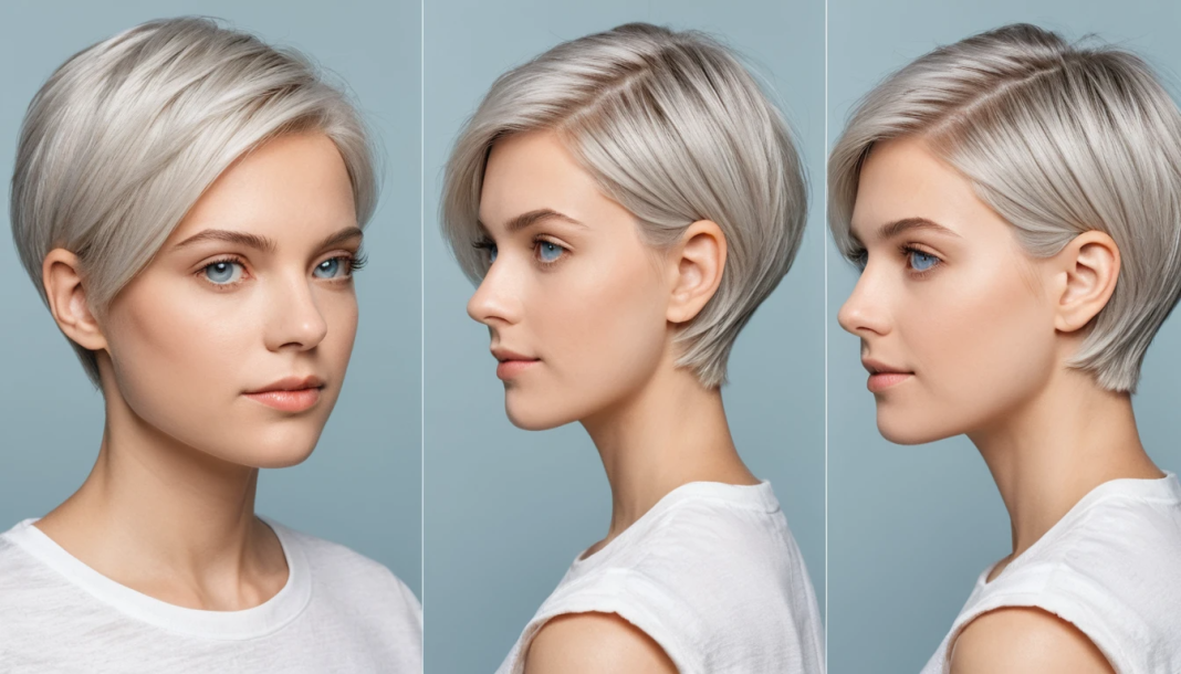 Platin blonde kurze Haare in einem modernen, strukturierten Pixie-Bob – klare Linien, kühler Ton und natürliche Textur.