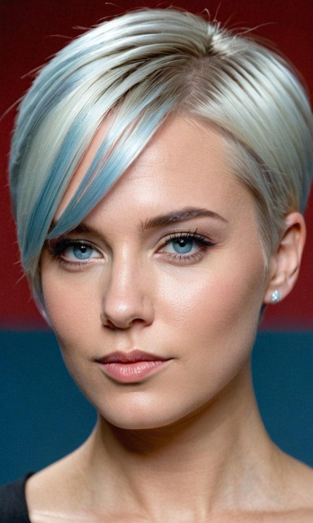 Der kurze Bob in eisigem Blau-Grau wirkt edel, stilvoll und bringt die Gesichtskonturen natürlich zur Geltung.